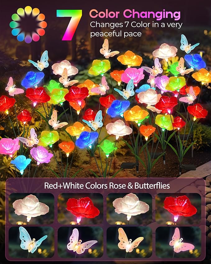 Solar Garden Lights Outdoor Waterproof 2 Pack Swaying Butterfly Light with 7- Color Changing Rose Flowers Solar Lights for Outside Garden Decor Lawn Yard Patio Path,Gifts for Mother's Day Women