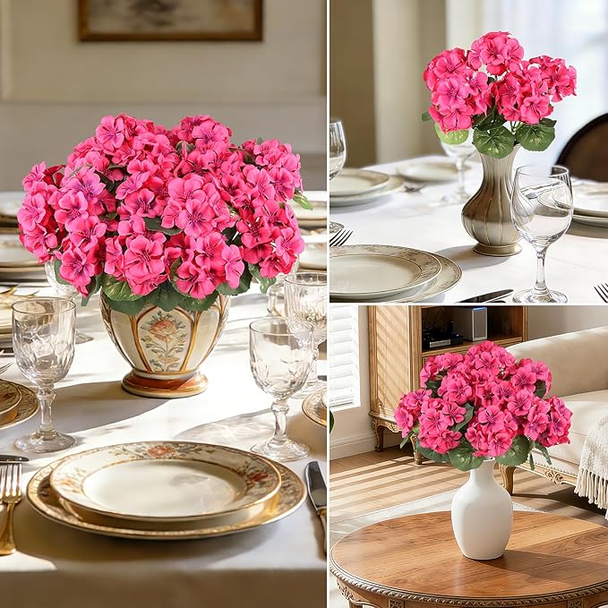 6 Bundles Rose Red Artificial Geranium Flowers for Outdoors Spring Decor Geraniums Silk Flowers UV Resistant Lifelike Faux Flowers for Spring Indoor Outdoor Garden Patio Porch Balcony Home Decoration