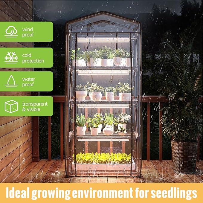 Indoor Greenhouse with Grow Light, 4 Tier, 1.6FT 80W Full Spectrum Grow Light with Timer, Portable Plant Shelves with Waterproof PVC Cover for Seed Starting, 26.4L X 19W X 61H