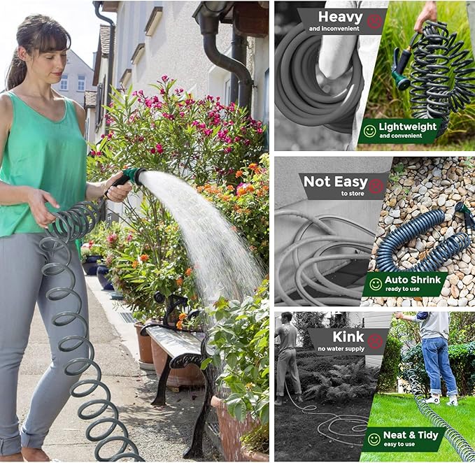 Coil Hose 25FT EVA Coil Garden Hose With 3/4'' Brass Connector Coiled Water Hose Lightweight And No Kink Includes 7 Patterns Spray Nozzle For Outdoors Lawn Watering Car Washing