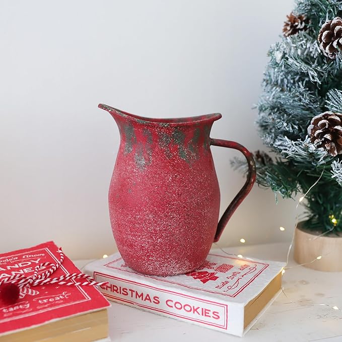 Vintage Country Metal Flower Vase Farmhouse Decorative Milk Can Pot Rustic Pitcher Jug for Home Kitchen Cabinets Table Centerpiece Decor Gifts Retro Red