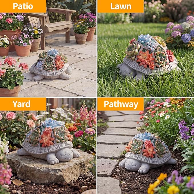 Solar Turtle Garden Outdoor Decor with Succulent & 7 LED Lights – Outside Tortoise Statue Decor for Yard Patio Balcony & Backyard - Home House Decoration Art- Gift for Women Mom & Grandma