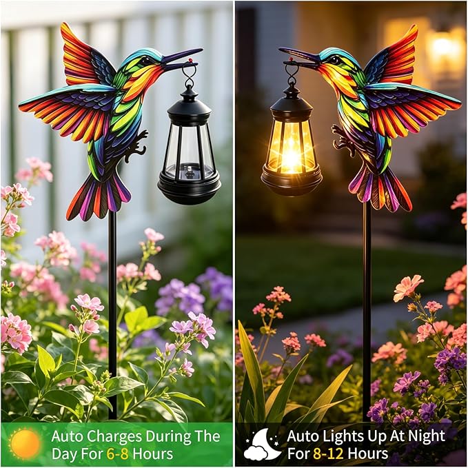 2 Pack Solar Lights Outdoor Waterproof Hummingbird Decorative, 31in Metal Hummingbird Garden Stakes with Solar Lanterns for Yard Art Outside Patio Porch Lawn, Gifts for Women Mom Grandma Mother's Day