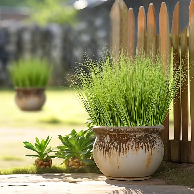 20PCS Fake Grass Filler Decor Artificial Grass Plants Outdoor Faux Plants Artificial Tall Shrubs Wheat Grass Greenery Stems UV Resistant Onion Grss For Outdoor Indoor Vase Planters Home Decor, Green