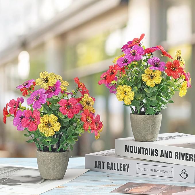 2 Pack Small Fake Plants Potted Artificial Plants Artificial Flowers Potted Faux Flower Daisy with Eucalyptus Leaves for Home Decor Office Room Farmhouse Indoor Table Bathroom Decor （colorful）