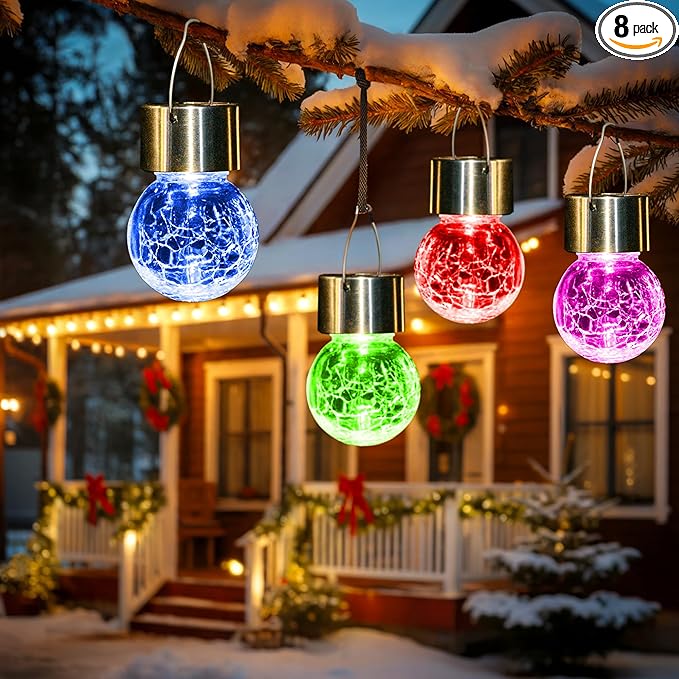 GIGALUMI Solar Lights Outdoor Waterproof, 8 Pack Solar Hanging Lights Garden Decor, Gifts for Women, Solar Outdoor Lantern Waterproof Cracked Glass for Yard, Fence, Tree(Color Changing)