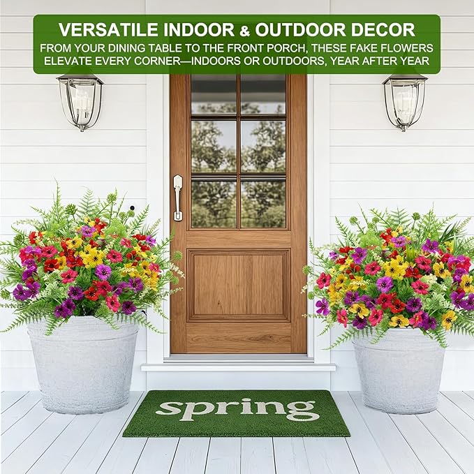 Artificial Flowers for Outdoors, UV Resistant No Fade 16 Bundles 7 Styles Fake Flowers Outdoor Faux Plant Colorful Daisy Boston Fern Lavender Cemetery Flowers for Outside Porch Patio Indoor Home Decor