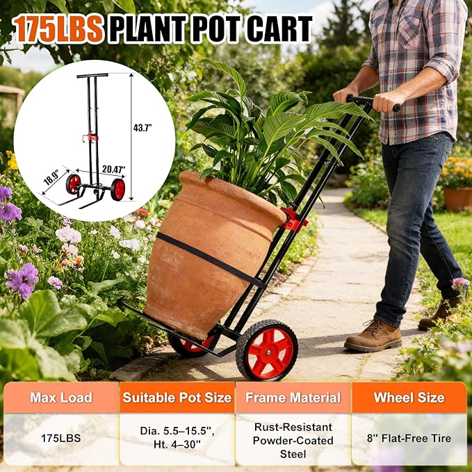 Garden Plant Dolly Cart with Wheels, Heavy Duty Plant Caddy with Adjustable Grabbing Arm, Potted Plant Mover with Suction Cups & Secure Strap, Indoor and Outdoor Gardening Cart Plant Pot Lifter
