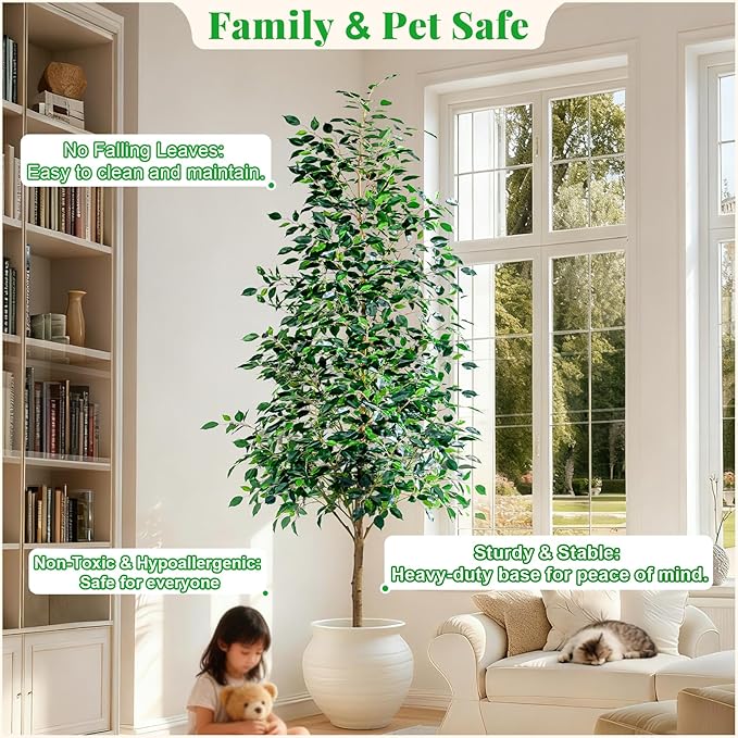Bailikang 8FT Artificial Ficus Trees Indoor Faux Trees Indoor Fake Floor Plants Tall Artificial Tree with White Pot Faux Tree Fake Indoor Tree Silk Plants Artificial Trees for Home Decor Indoor