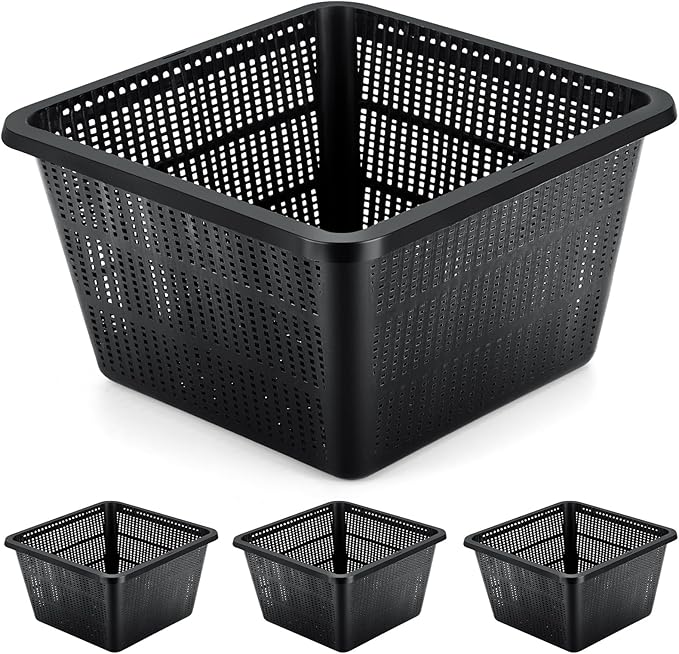 4 Pcs Aquatic Plant Baskets for Hydroponics Water Garden Plant Pots Black Plastic Mesh Basket 9 x 9 x 5.2 Inch Square Pond Containers for Island Live Aquarium Botany Flowers