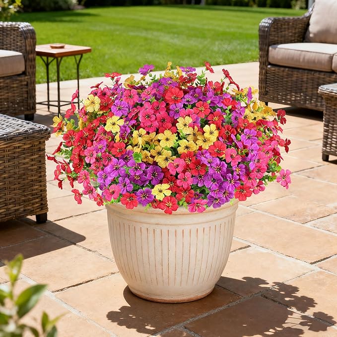 16 Bundles Artificial Flowers for Outdoors, Realistic Fake Silk Flowers for Outside, UV Resistant Faux Plants for Outdoor Planters - Spring Summer Porch Decor (4 Colors)