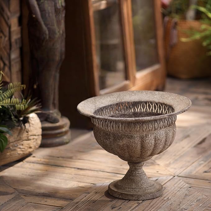 Vintage Urn Planter with Embossed Pattern, Imitation Stone Finish Flower Pot, Distressed Classic Plant Pot for Outdoor Indoor Home Garden Patio Front Porch Entryway（14.8 * 12 in）
