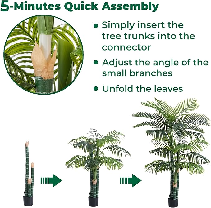6FT Tall Triple Golden Cane Palm Tree (1 Pack), Large Faux Plants, UV Resistant Indoor/Outdoor Fake Plant in Black Cement Pot - Realistic Tropical Decor for Patio, Living Room, Office