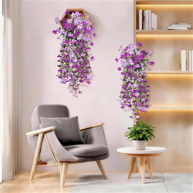 Artificial Fake Hanging Flowers Plants for Outdoor Spring Decoration,2 PCS Faux Silk Morning Glory with Eucalyptus Leaves,UV Resistant Realistic Trailing Vines for Balcony Porch Patio Yard Garden