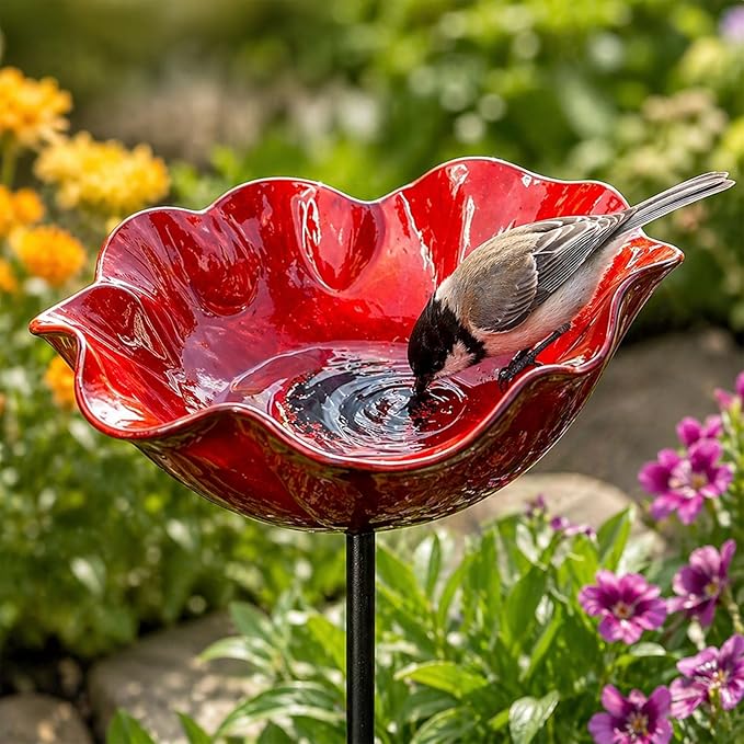 Handmade Metal Flower Garden Stake Metal, Decorative Bird Bath and Bee Watering Station with Flower Design for Outdoor Yard Garden Decor (Red)