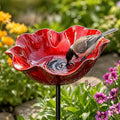 Handmade Metal Flower Garden Stake Metal, Decorative Bird Bath and Bee Watering Station with Flower Design for Outdoor Yard Garden Decor (Red)