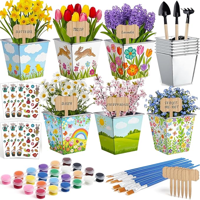 6 Sets Garden Flower Pots Crafts Kit DIY Spring Stainless Steel Pots with Acrylic Paint Stickers Brushes Plant Labels Gardening Tools Kit for Planting Crafts Spring Birthday Easter Gift