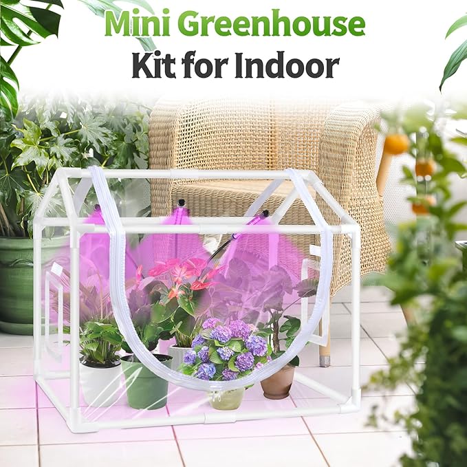 Indoor Mini Greenhouse with Grow Light, Tabletop Small Greenhouse for Beginners, All-in-One Tiny Plant Nursery Kit with Adjustable LED Light & Timer, Smart Grow Tent for Herbs, Gardening Gift