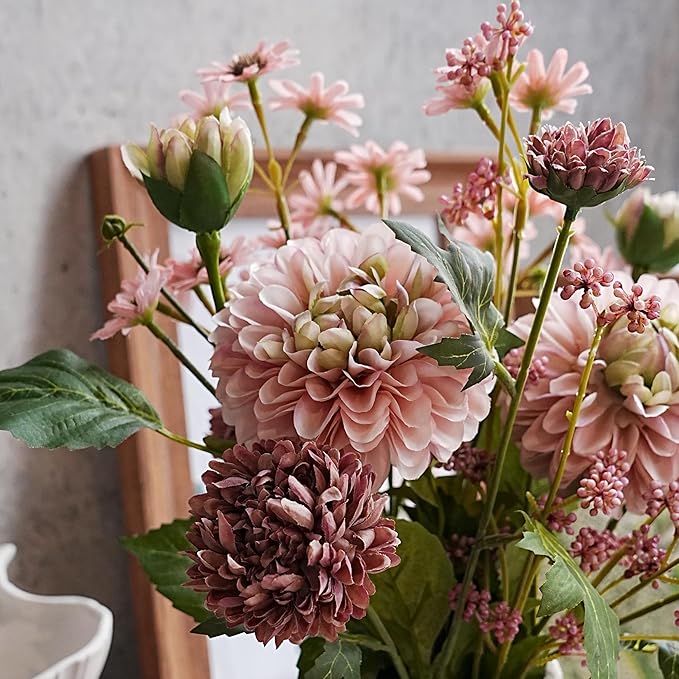 Jahe Fake Flowers Mixed Bouquet, Artificial Flowers with Paper Pulp Planter, Silk Faux Flowers with Vase Home Decor Arrangement, Office Dining Decor, Table Centerpieces, Nude Pink