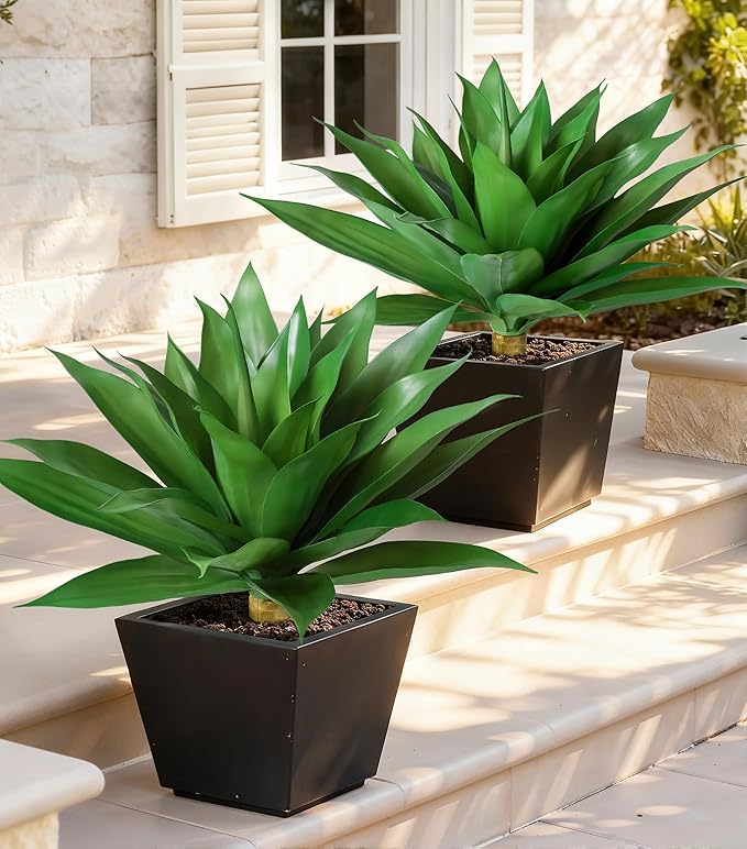 Ivydale Fake Plants, 2 Pcs 28" Agave Artificial Plants Outdoor UV Resistant Faux Outdoor Plants, Large Artificial Plants Outdoor Realistic Greenery for Porch Planter Patio Yard Garden Indoor