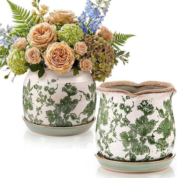 2 Set Vintage Ceramic Planters, 6 Inch Beige Green Crackle Glaze Flower Pots with Drainage Saucers, Vintage Style Green Floral Plant Pot for Indoor Plants, Home Decor Gift