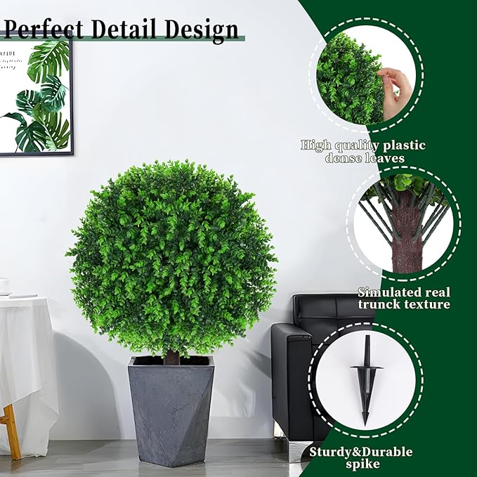 Artificial Eucalyptus Topiary Ball Trees, 2 Set of 16'' UV Resistant Fake Evergreen Shrubs Bushes Plants with Ground Spike, Fake Plants for Outdoor Indoor Front Porch Garden