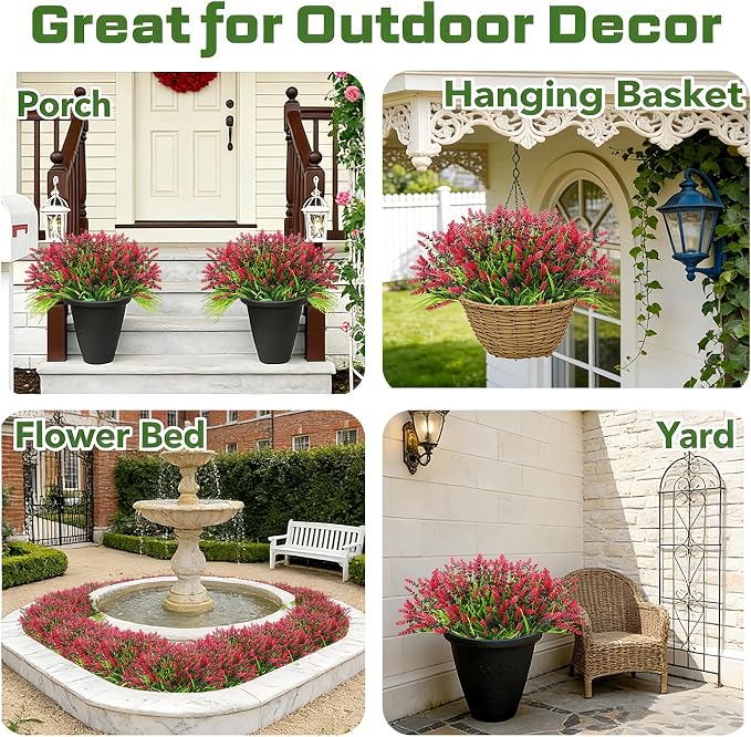 Faux Flowers for Outdoor Planters – 20 Bundles Fake Plants Outdoor, UV Resistant Artificial Plants & Flowers with Fake Monkey Grass, Faux Outdoor Plants for Porch Patio Garden Decor