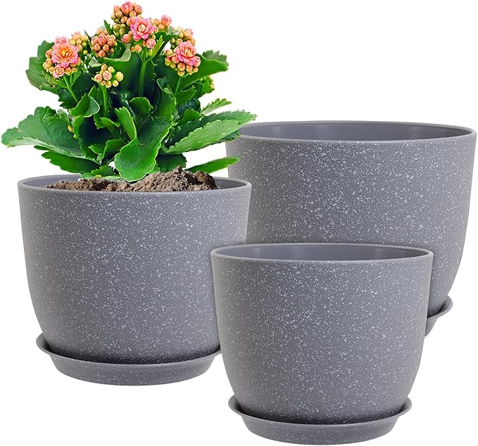 WSMKSZ 10/9/8 inch Plant Pots, Set of 3 Modern Decorative Plastic Planters with Drainage Holes and Saucers for Garden House Plants, Flower Pots for Indoor Outdoor Plants, Speckled Grey