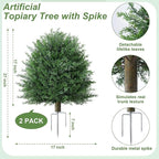 27'' Artificial Topiary Plants for Outdoor 2 Pack Artificial Topiary Trees with Stable Metal Ground Spike Fake Bushes Shrubs for Outside Garden Front Porch Landscape Walkway, Green Eucalyptus
