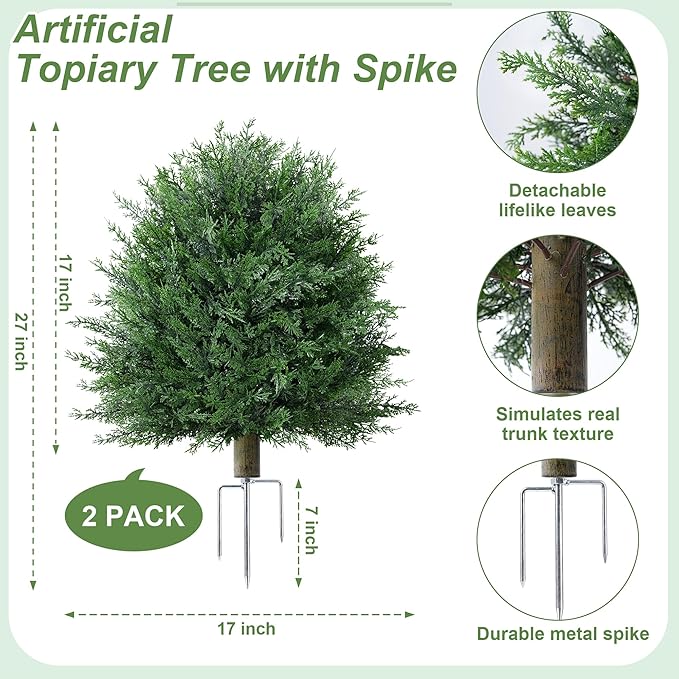 27'' Artificial Topiary Plants for Outdoor 2 Pack Artificial Topiary Trees with Stable Metal Ground Spike Fake Bushes Shrubs for Outside Garden Front Porch Landscape Walkway, Green Eucalyptus