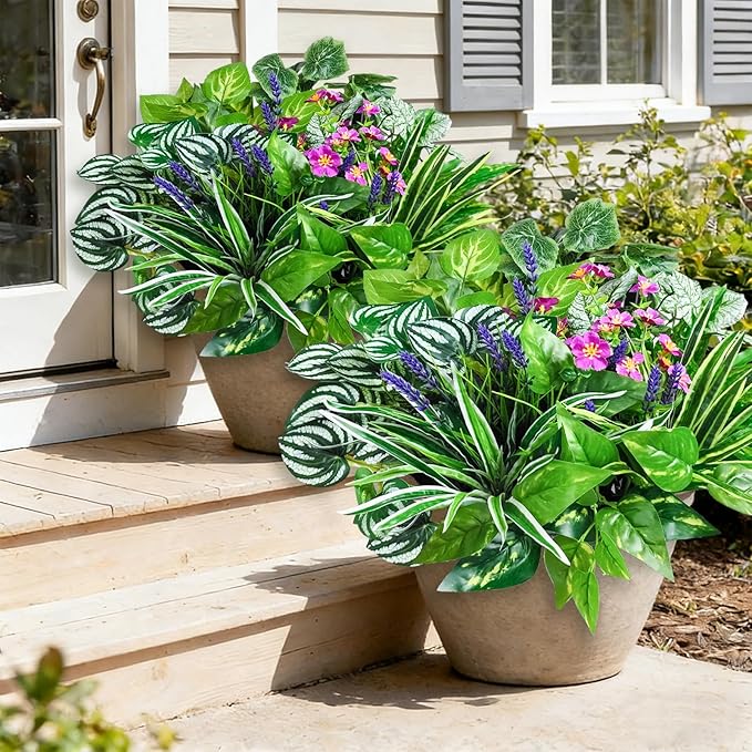 24 Pcs Artificial Plants for Outdoors Faux Greenery Leaves UV Resistant Realistic Plastic Large Bunches Shrubs Bushes with Flowers, Fake Plants Decor Outdoor for Front Porch Door Patio Garden Yard