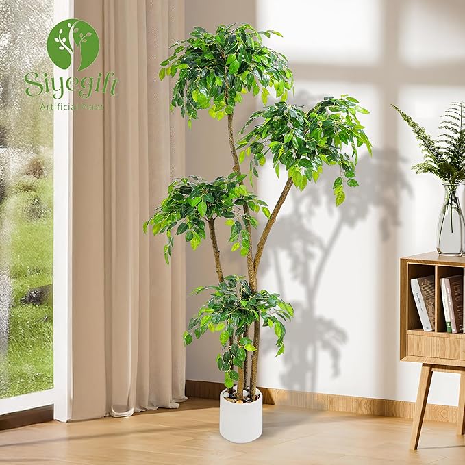 6FT Artificial Ficus Tree with White Planter and Pebbles,Faux Silk Tree with Lifelike Leaves and Realistic Trunk,Tall Fake Potted Plant for Home and Office Décor Indoor and Outdoor (6FT)