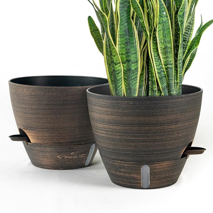 ZMTECH 10 Inch Self Watering Pots for Indoor Outdoor, Bronze Large Plastic Planter with Water Level Indicator, Drainage Hole & Removable Saucer for Garden Flowers, Decorative Plant Container