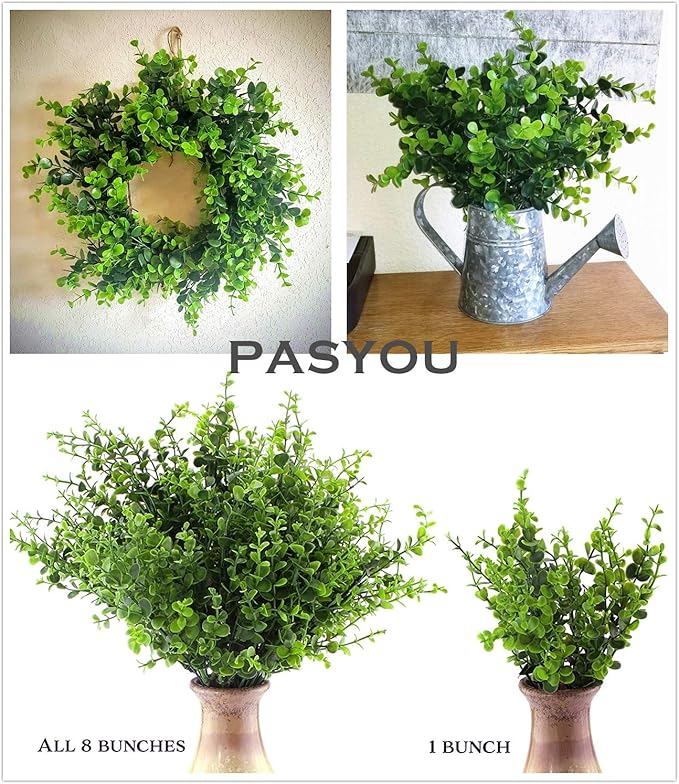 Artificial Shrubs, PASYOU Plastic Plants Eucalyptus Grass Fake Shrub Bushes Greenery Leaves Bush Indoor Outdoor Home Garden Party Verandah Wedding DIY Table Arrangement Decoration Planter Filler 8 Pcs
