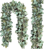 Ouddy Decor 2 Pack Eucalyptus Garland Total 13.1 Ft Lush Silver Dollar Leaves Boxwood Artificial Faux Greenery Vines for Baby Shower Wedding Party Table Runner Room Home Mantle Decor
