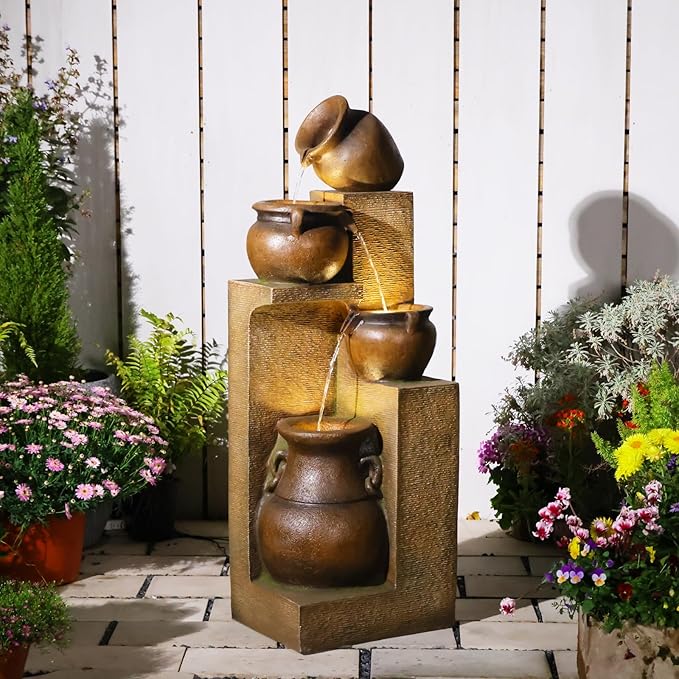 Bumilgar 53" H Large Outdoor Water Fountain with Lights - 4 Tiered Cascading Bowls Waterfall Fountain for Garden, Patio, Backyard, Porch Inside - Freestanding Outdoor Water Feature Gold