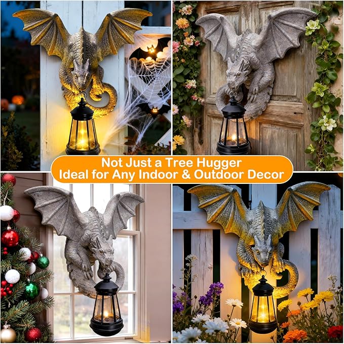 Dragon Tree Hugger Garden Statue - Resin Dragon Figurine Wall Hanger Sculptures Decor with Solar Lantern Lights, Outdoor Waterproof for Balcony Wall Porch Yard, Gifts for Mom Women Mother's Day