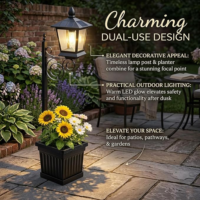 Solar Lamp Post with Planter, 2-in-1 Outdoor Solar Light with Built-in Planter Box, Waterproof Solar Powered Pathway Lamp for Garden Patio, Auto On/Off Warm White Light for Front/Back Door (large35'')