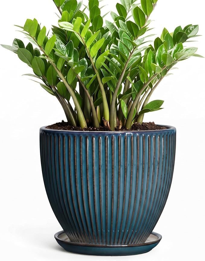 Ceramic Planter, 10 Inch Plant Pot with Drainage Hole and Saucer, Round Planters for Indoor Plants, Decorative Plant Pots, Modern Planter, Living Room Decor, Gifts for Plant Lovers, Retro Blue