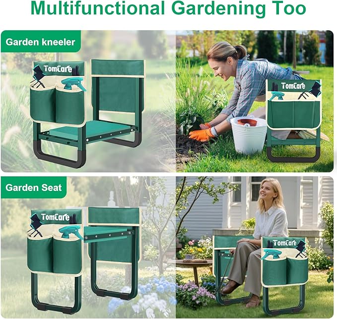 TomCare Garden Kneeler and Seat 11.14” Wider Larger Soft Kneeling Pad Garden Bench with 2 Large Tools Pouches Heavy Duty Foldable Garden Stool Gardening Gifts for Women Men Gardeners Seniors, Green