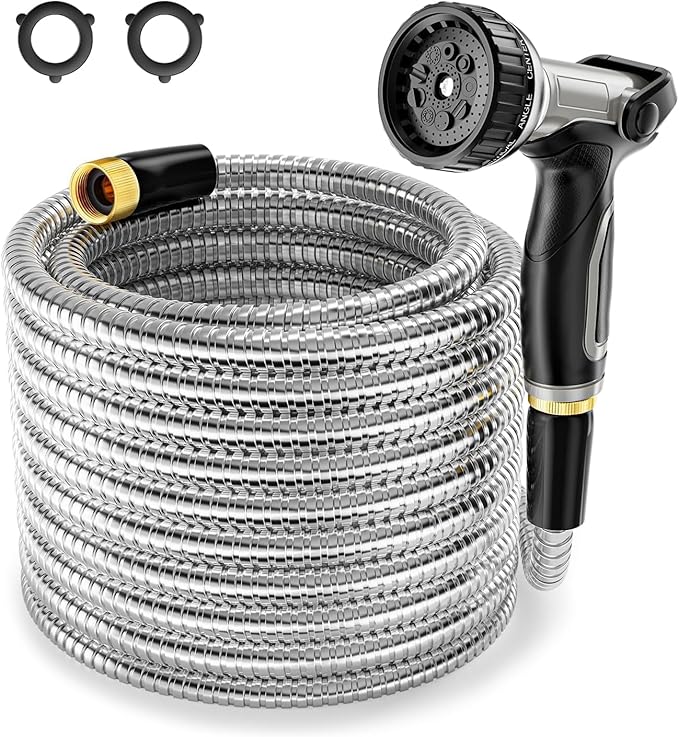 SPECILITE 1/2" 304 Stainless Steel Garden Hose, 125FT Water Pipe with Heavy Duty Metal Nozzle for Yard, Outdoor, Lawn - Flexible, Never Kink & Tangle, Puncture Resistant