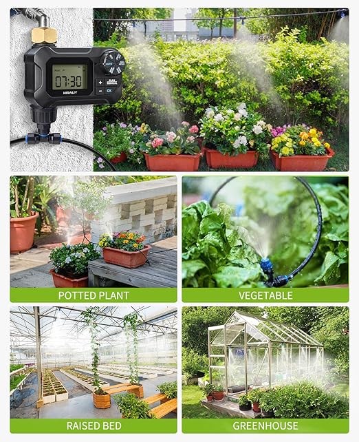 HIRALIY 118FT Greenhouse Misting Drip Irrigation Kit with Water Timer, Quick Connector Design Garden Watering System, Automatic Irrigation System with Tubing, Nozzles for Hanging Plants, Raised Bed