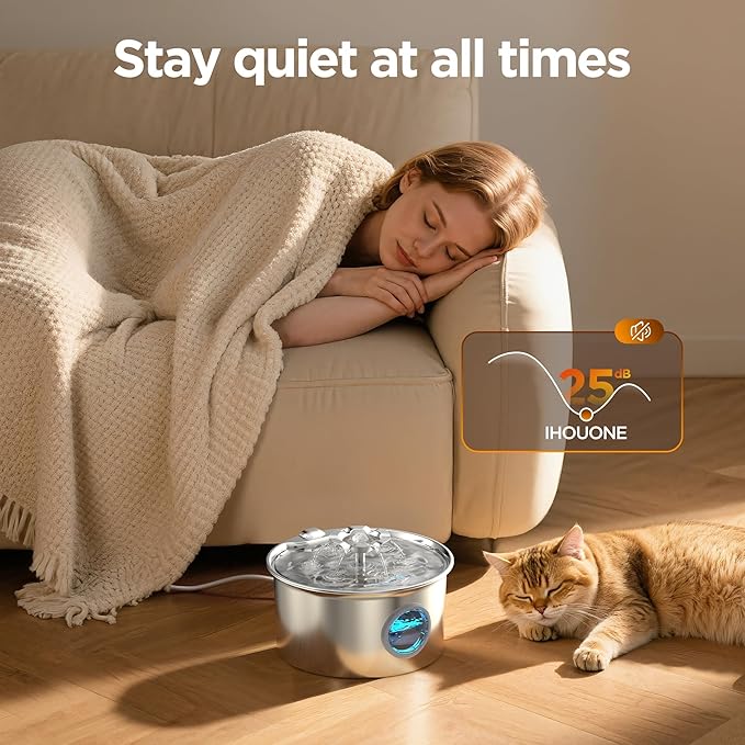 Pet Water Fountain Stainless Steel: Cat Fountain with 8 Filters & 8 Sponges | 88oz/2.6L Automatic Cat Watering Dispenser Bowl with Water Level Window - IHOUONE Quiet Fountains for Cats & Dogs Owners