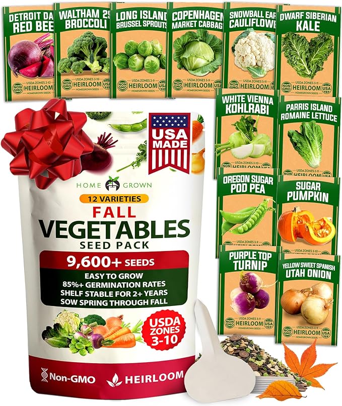 HOME GROWN 12 Fall Vegetable Seeds 9600+ Heirloom Non-GMO, High Germination, Cold Hardy Frost Tolerant Cool Season Garden, Beets, Kale, Cabbage, Peas, Broccoli, Lettuce, Onions (12 Varieties)