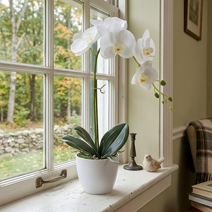 Artificial Orchid Flowers in Pot, 17" Real Touch Phalaenopsis Faux Orchid Plant (Adjustable to 20"), Large White/Pink Fake Flower Arrangement for Dining Table Centerpiece, Home Office (White)