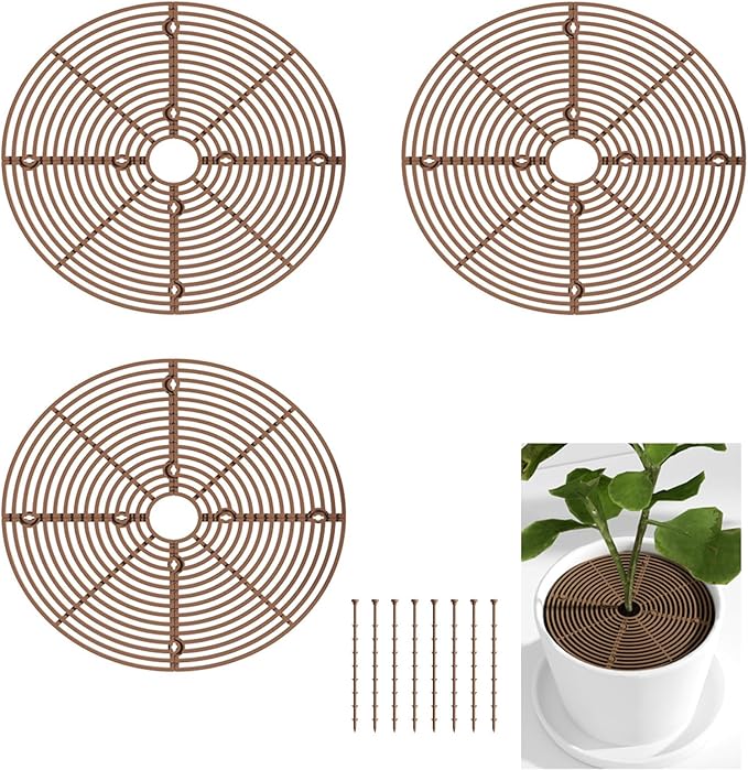 3 Pcs Plant Pot Cover, 11.8 Inch Plant Pot Grid with Stakes, Cuttable Plant Protector from Cats Digging Stopper, Flower Cover Soil Protectors for Indoor Outdoor(Brown)
