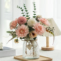 2 Pack Set Fake Flowers with Vase,Faux Flowers in Vase for Home Decor,Silk Pink Dahlia Artificial Flowers with Vase for Coffee Table Decor,Living Room Bathroom Plant Décor