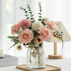 2 Pack Set Fake Flowers with Vase,Faux Flowers in Vase for Home Decor,Silk Pink Dahlia Artificial Flowers with Vase for Coffee Table Decor,Living Room Bathroom Plant Décor