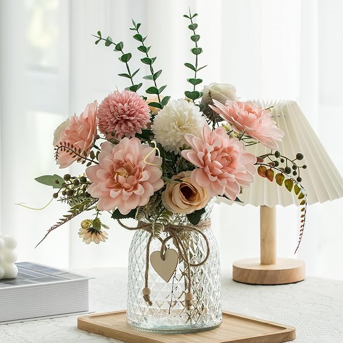 3 Pack Set Fake Flowers With Vase, Faux Silk Pink Dahlia Artificial Flowers for Home Decor, Coffee Table, Living Room, Bathroom Plant Decor