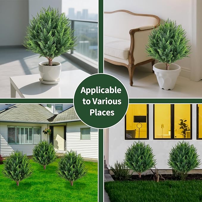 24.5”Artificial Cedar Topiary Ball Tree Set of 2 with Ground Spikes, UV Resistant Artificial Bushes Fake Plants for Home Front Door Offices